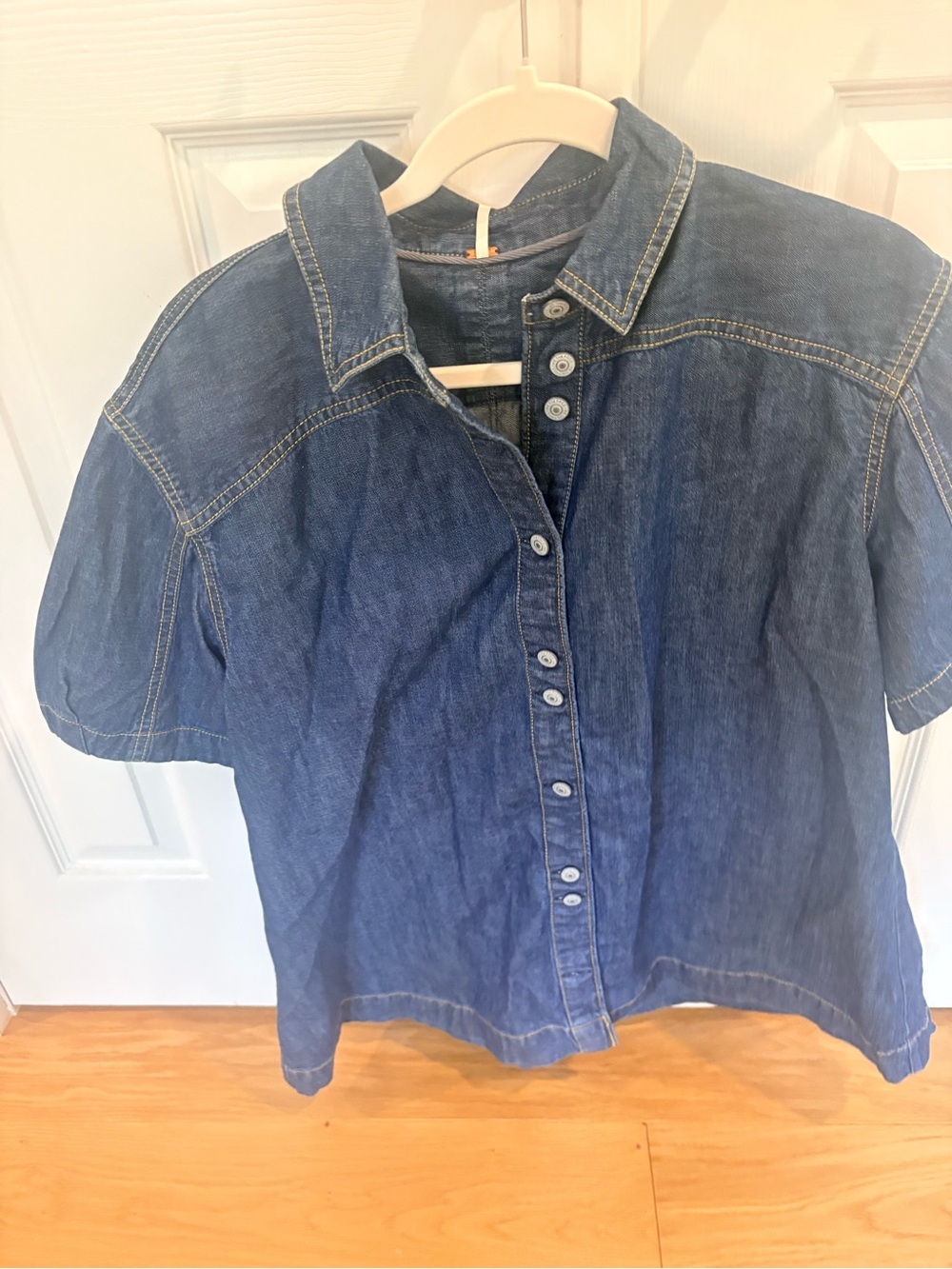 Free People Denim Button-Front Short Sleeve Top